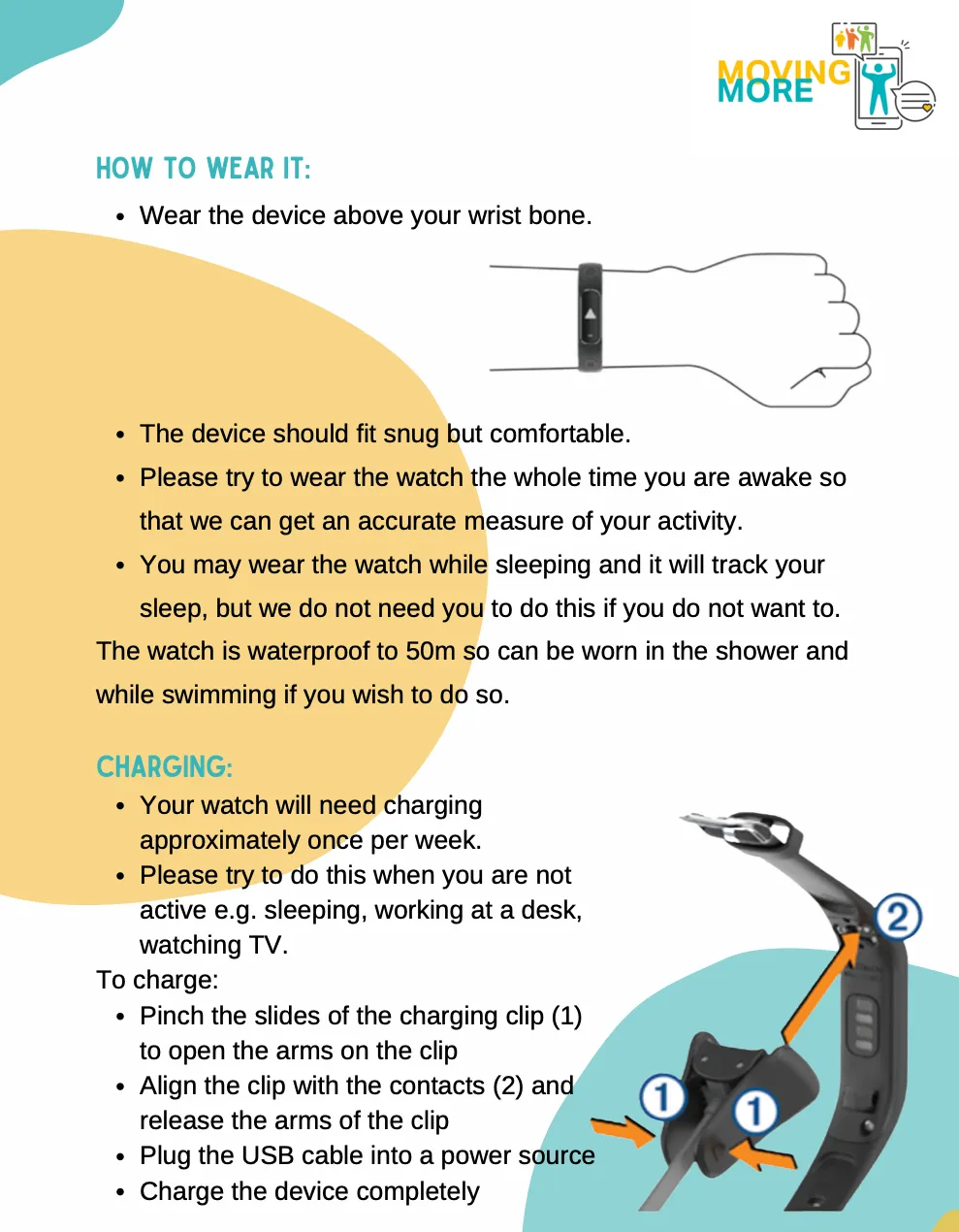 An information pack page showing how to wear and charge the activity tracker, with diagrams